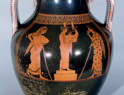 Lofts rød-figur amfora som viser en citharede som opptrer i en musikalsk konkurranse, ca. 525-520 f.Kr. (keramikk) av Andokides Painter