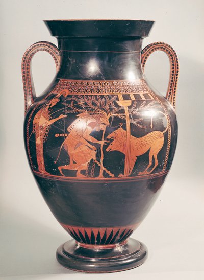 Loftsbukamfora med rød figur som viser Herakles som fanger Kerberus, gresk, fra Athen, 600-tallet f.Kr. (keramikk) av Andokides Painter