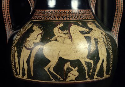 Lofts hvitfigur amfora som viser amasoner som forbereder seg til kamp, ca. 525-520 f.Kr. (keramikk) (detalj) av Andokides Painter