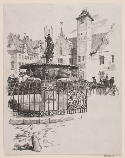 Illustrasjon til "Den 11. juni" (fontenen på Gammelt Torv) av André Bork