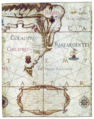 Kart over Sør-Amerika, i Universa og Navigabilis Totius Terrarum Orbis Descriptio 1559 (fargemanuskript) av André Homem