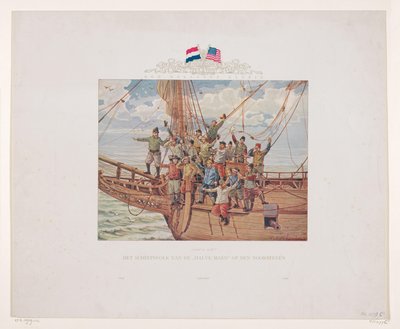 Henry Hudsons skip, Halve Maen, nærmer seg den nordamerikanske kysten, 1609 Land i sikte! Skipsfolket til Halve Maen på baugen (tittel på objekt) av André Vlaanderen