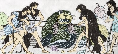 Odyssee d'Homere: "Menelas vender tilbake fra den trojanske krigen, og fanger sammen med sine følgesvenner guden Protee på øya Pharos"" (Odyssey of Homer: "" Menelaos og hans følgesvenner, fanger ved retur fra Troja, guden Prot av Andre Bonamy
