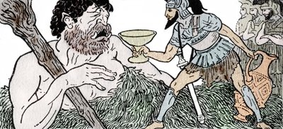 Odyssee d'Homere: "Odyssey of Homer: Odysseus tilbyr en kopp vin til Polyphemus, the Cyclops" Illustrasjon av Andre Bonamy (1880-1943) i "Le retour d'Ulysse" av Jean Baptiste Coissac av Andre Bonamy