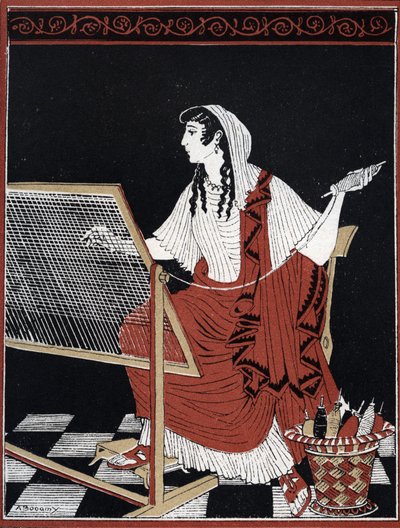 Odyssee d'Homere: Penelope, Odyssey of Homer: Penelope løsner konstant og gjør om billedveven på vevstolen sin mens hun venter på at Odysseus kommer tilbake) Illustrasjon av Andre Bonamy (1880-1943) i "Le retour d'Ulysse" av Jean Baptiste av Andre Bonamy