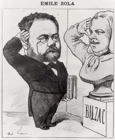 Karikatur av Emile Zola (1840-1902) Hilsen en byste av ære de Balzac (1799-1850) 1878 av Andre Gill