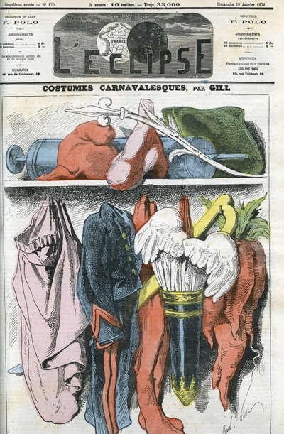 Karnevalskostymer, en skytterdrakt for Napoleon III, den republikanske capsen for Duvernois, en bøddelkostyme for Bismarck... Omslag i "" L