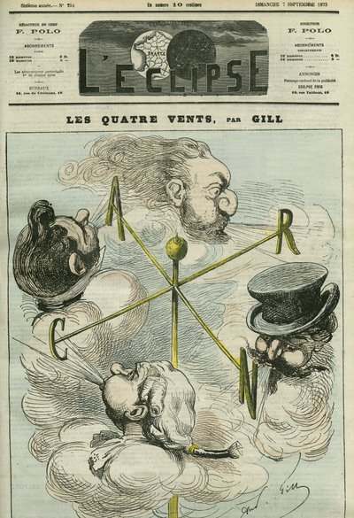 Tegneserie "De fire vinder", som symboliserer de fire politiske partiene. Omslag i "" L'Eclipse"" av Gill, 7. september av Andre Gill