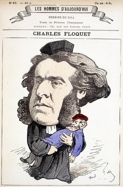 Tegneserie av Charles Floquet (1828-1896), advokat og president for rådet mellom 1888 og 1889. Han såret general Boulanger i en duell, hvis ideer han kjempet mot. Tegning av Gill i «The Men of Today». av Andre Gill