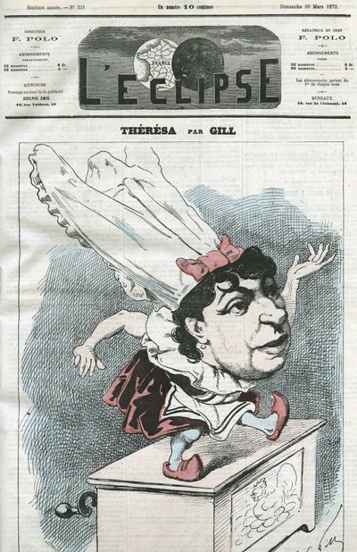 Tegneserie av Emma Valendon kalt Theresa (1837-1913), fransk populær sanger. Omslag i "" L'Eclipse"" av Gill, 30. mars av Andre Gill