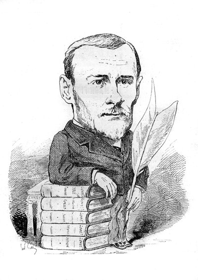 Tegneserie av Georges Ohnet (1848-1918), en fransk forfatter som representerer med sine bøker og penn. Tegning av Andre Gill. Gravering i "" Le Monde Illustré"" av Andre Gill