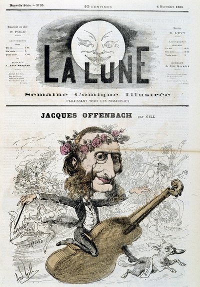 Tegneserie av Jacques Offenbach (1819 - 1880), ridende på fiolin - av Gill i "" La Lune"" fra 04.11.1866 av Andre Gill