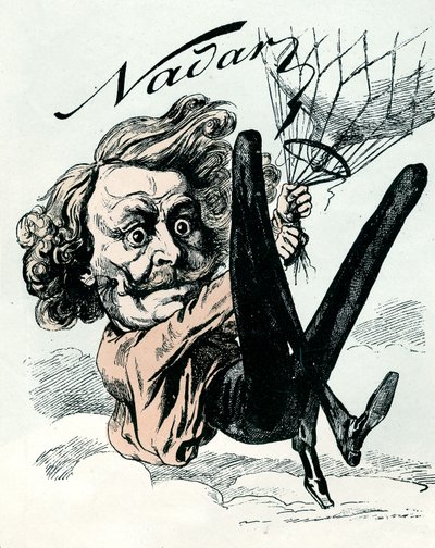 Tegneserie av Felix Nadar, pioner innen flybilde i 1858, her hengende fra ballongen hans (gravering) av Andre Gill
