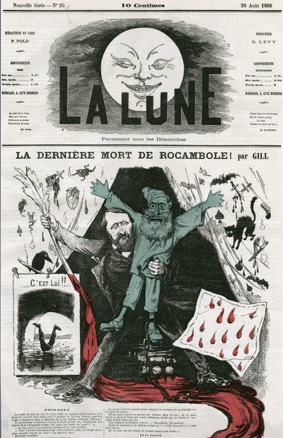 Tegneserie av "La last mort de Rocamole"" og dens forfatter, Pierre Alexis Ponson du Terrail (1829-1871). Tegneserie av Gill, i "The Moon", 26. august av Andre Gill