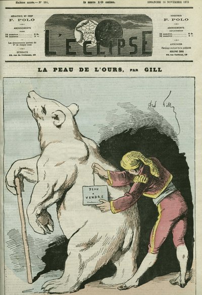 Tegneserie av "The skin of the bear, skin for sale", med referanse til politikere som anses å være selgere. Omslag i "" L