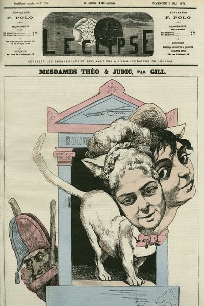 Tegneserie av damene Louise Theo og Anna Judic, sangere i et skuespill av Jacques Offenbach (1819-1880), komponist. Omslag i "" L