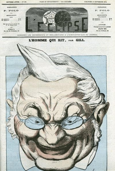 Tegneserie av "" mannen som ler"", Adolphe Thiers (1797-1877), fransk politiker. Omslag i "" L