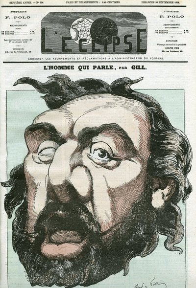 Tegneserie av «mannen som snakker», Leon Gambetta (1838-1882), fransk politiker. Omslag i "" L