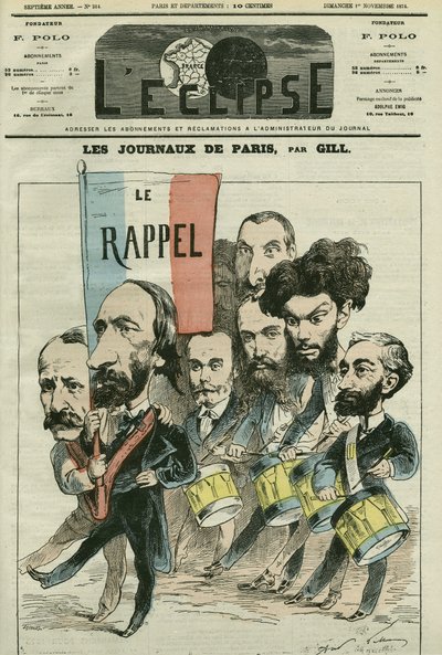 Tegneserie "" tilbakekallingen"" av Republique av Paris-avisene, med Paul Meurice (1818-1905), Auguste Vacquerie (1819-1895), Gaulier, Blum, Lefevre, D