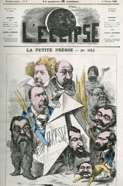 Opprettelsen av ""La Petite Presse"", med Jannin, Delsaux, Hermant, Hemery, De Balathier, Bragelonne, Dumas, Ponson du Terrail, Jean du Boys, Revillon og Coste. Cover i "" The Eclipse"" av Gill, 9. februar av Andre Gill