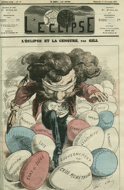 Formørkelse og sensur, en illustrasjon av Gill som går på ufs. Omslag i "" L