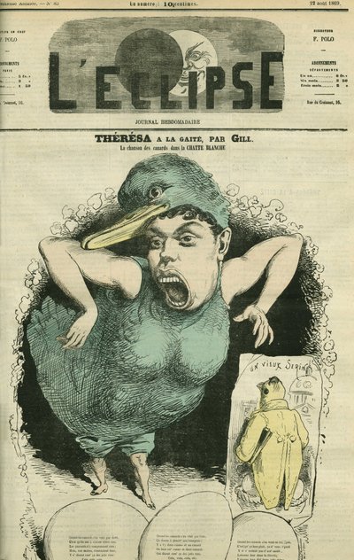 Emma Valendon dit Theresa (1837-1913), sanger i «The Tyrolean ducks» på Gaite Theatre. Omslag i "" L'Eclipse"" av Gill, 22. august av Andre Gill