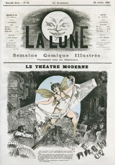 Le Theatre Moderne i Paris. Karikatur av Gill, i «La Lune», 28. oktober av Andre Gill