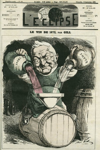 Le vin de 1872, illustrasjon av Adolphe Thiers som blander hvit og rødvin (1797-1877), fransk historiker og statsmann. Omslag i "" L