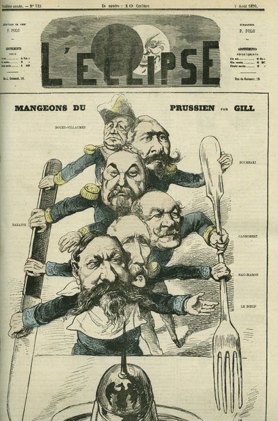 La oss spise prøyssisk med generalene Le Boeuf (1806-1893), Mac-Mahon (1808-1893), Francois Achille Bazaine (Francois-Achille) av Andre Gill