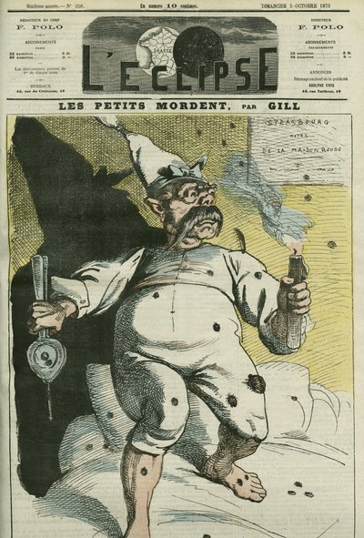 Små biter, karikatur av William I (1797-1888), konge av Preussen og keiser av Tyskland. Omslag i "" L'Eclipse"" av Gill, 5. oktober av Andre Gill