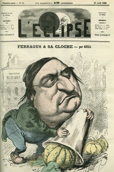Louis Ulbach dit Ferragus (1822-1889), sjefredaktør for avisen «La Cloche», fransk forfatter og journalist. Omslag i "" L