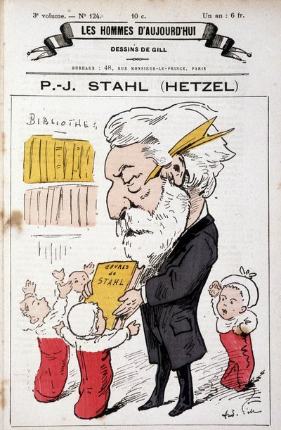 Portrettladning av Pierre Jules Hetzel som tilbyr Stahls verk (hans pseudonym) til småbarn, "" The Men of Today"", n.d. sent 19. av Andre Gill