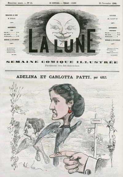 Portrett av Adelina (1843-1919) og Carlotta Patti (1835-1889), italienske operasangere. Tegneserie av Gill, i "The Moon", 25. november av Andre Gill