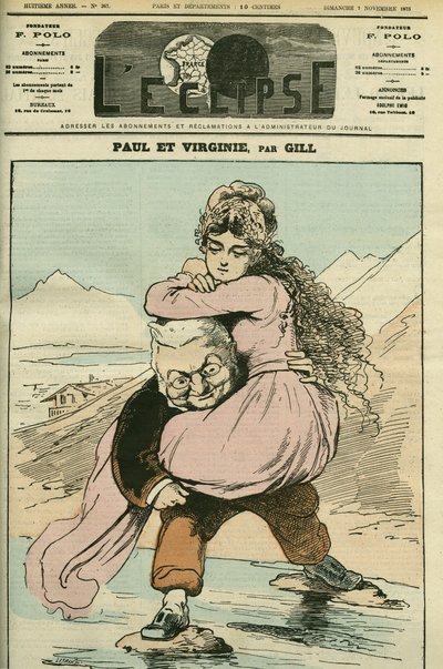 Portrett av Adolphe Thiers (1797-1877), fransk historiker og politiker, representert i "Paul et Virginie" (Republikken). Omslag i "" L