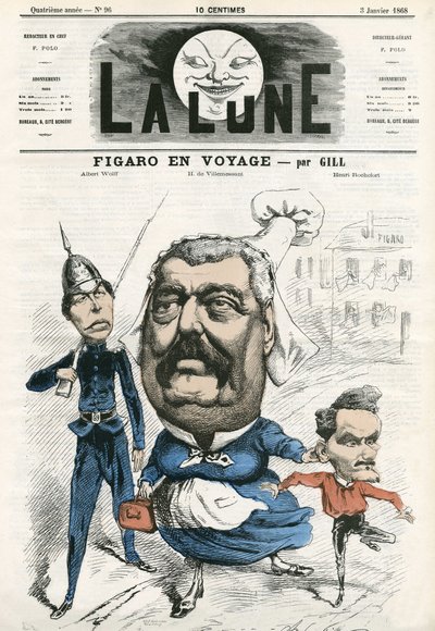 Portrett av Albert Wolff, Hippolyte de Villemessant (1812-1879) og Henri Rochefort (1831-1913), journalister ved Figaro. Tegneserie av Gill, i "The Moon", 3. januar av Andre Gill