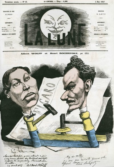 Portrett av Albert Wolff og Henri Rochefort (1831-1913) fransk journalist og politiker. Tegneserie av Gill, i "The Moon", 4. mai av Andre Gill