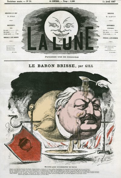 Portrett av Baron Brisse (1813-1876), fransk gastronomisk journalist. Tegneserie av Gill, i "The Moon", 14. april av Andre Gill