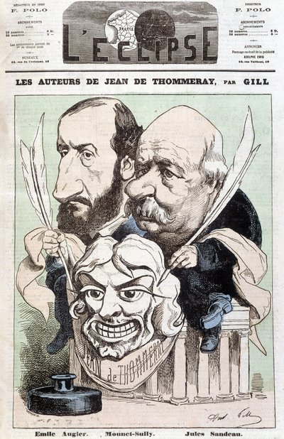 Portrett av Emile AUGIER (1820-1889) og Jules SANDEAU (1811-1883), forfattere av stykket med tittelen "" Jean de Pommeray", med en maske som viser ansiktet til komikeren Mounet-Sully (Jean Sully Mounet, Mounet Sully av Andre Gill
