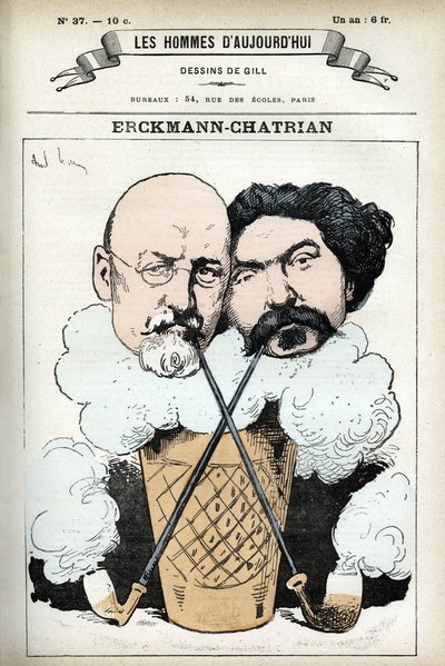 Portrett av Emile Erckmann (1822-1899) og Alexandre Chatrian (1826-1890), franske romanforfattere. Tegneserie av Gill, i «Les Homme d