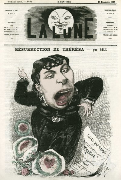 Portrett av Emma Valladon dit Theresa (1837-1913), fransk operettsanger. Tegneserie av Gill, i «La Lune», 15. desember av Andre Gill