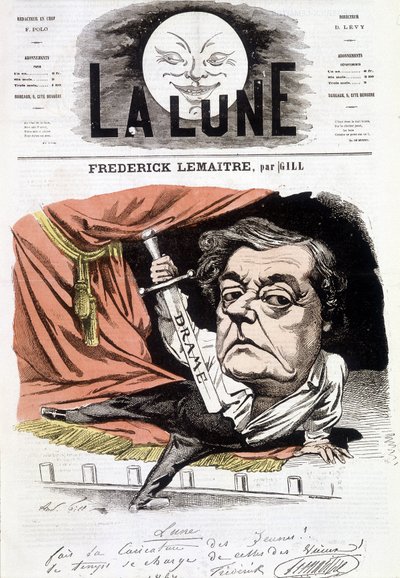 Portrett av Frédérick Lemaître (1800-1876), fransk dramatiker. Tegneserie av Gill i "The Moon", 16. juni av Andre Gill