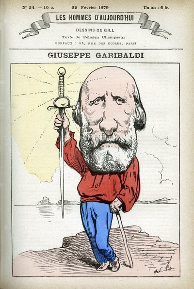 Portrett av Giuseppe Garibaldi (1807-1882), italiensk politiker. Tegneserie av Gill, i «Les Homme Today», Paris av Andre Gill