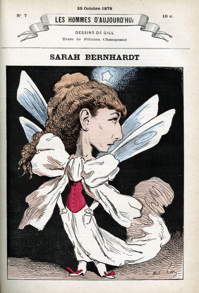 Portrett av Henriette Rosine Bernard dit Sarah Bernhardt (1844-1923), fransk teaterskuespillerinne. Tegneserie av Gill, Paris. av Andre Gill