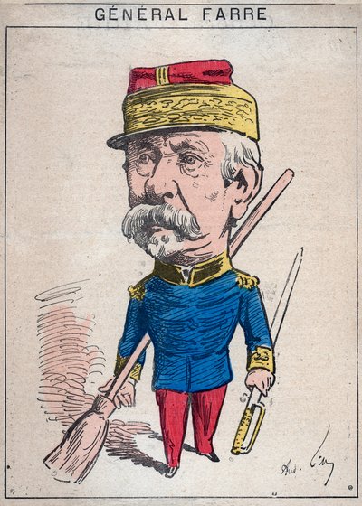 Portrett av Jean Joseph Frederic Albert Farre (1816-1887), en fransk soldat, han ble utnevnt til general i 1870 og krigsminister - tegneserie av Andre Gill i "Les Hommes d