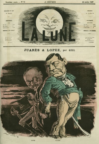 Portrett av Juarez og Lopez. Karikatur av Gill, i «La Lune», 28. juli av Andre Gill