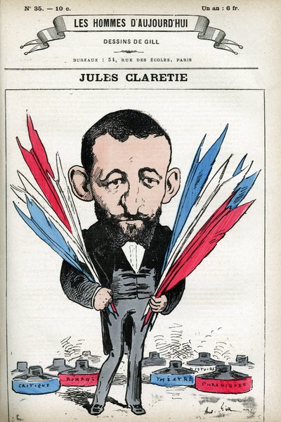 Portrett av Jules Claretie (1840-1913), fransk romanforfatter, dramatiker og kritiker. Tegneserie av Gill, i «Les Homme d