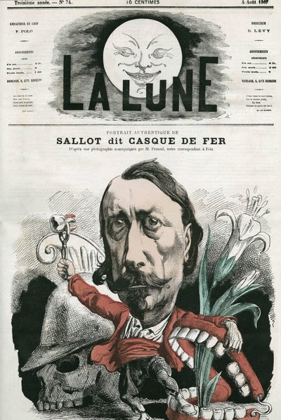 Portrett av Sallot, kjent som "jernhjelm". Karikatur av Gill, i «La Lune», 4. august av Andre Gill