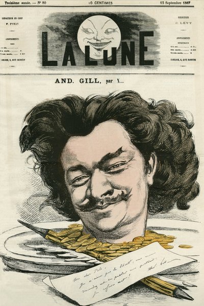 Selvportrett av Louis-Alexandre Gosset de Guines dit Andre Gill (1840-1885), fransk tegneserieskaper og tegneserieskaper. Tegneserie av Gill, i "The Moon", 15. september av Andre Gill