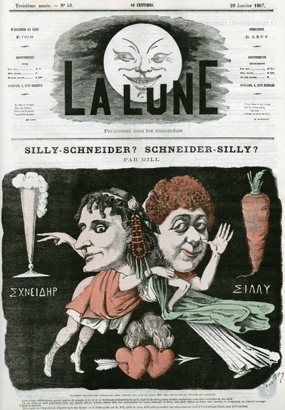 Silly-Schneider? Scheiner-Silly? , karikatur av et fragment av gammelt maleri. Tegneserie av Gill, i «La Lune», 20. januar av Andre Gill