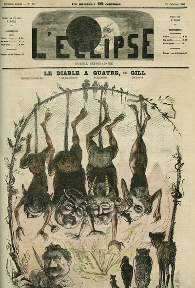 Djevelen har fire politiske brosjyrer redesignet av Mephistopheles (Mephisto) alias Wolff, Villemessant, Duchesne, Lockroy og hans tegneserieskaper Benassit. Omslag i "" L